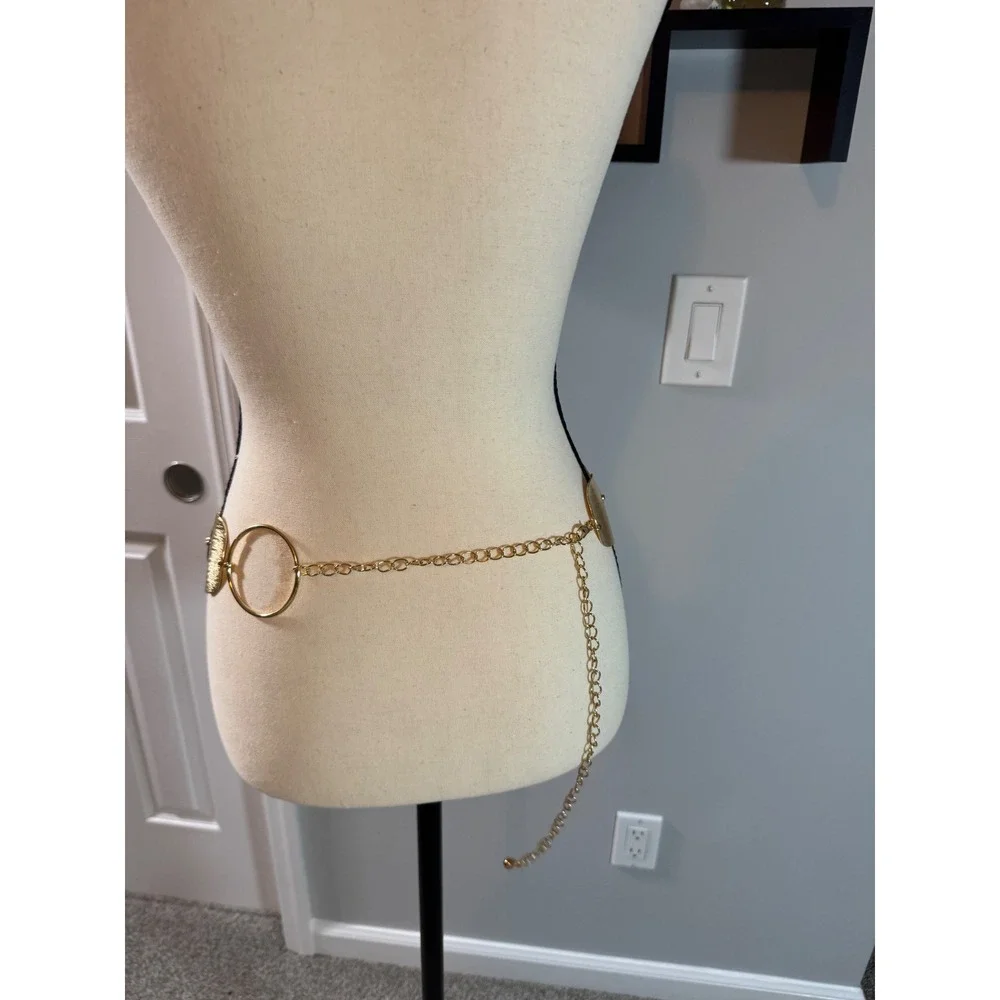 New Elans Daughter Gold Textured Disc and Open Ring Adjustable Chain Waist Belt